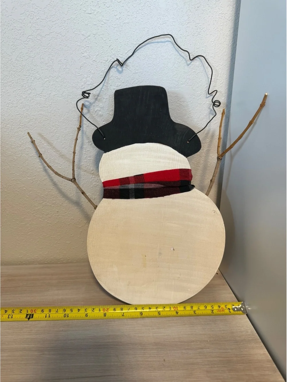 Rustic Wooden Snowman Wall Decor with Plaid Scarf and Wire Hanger